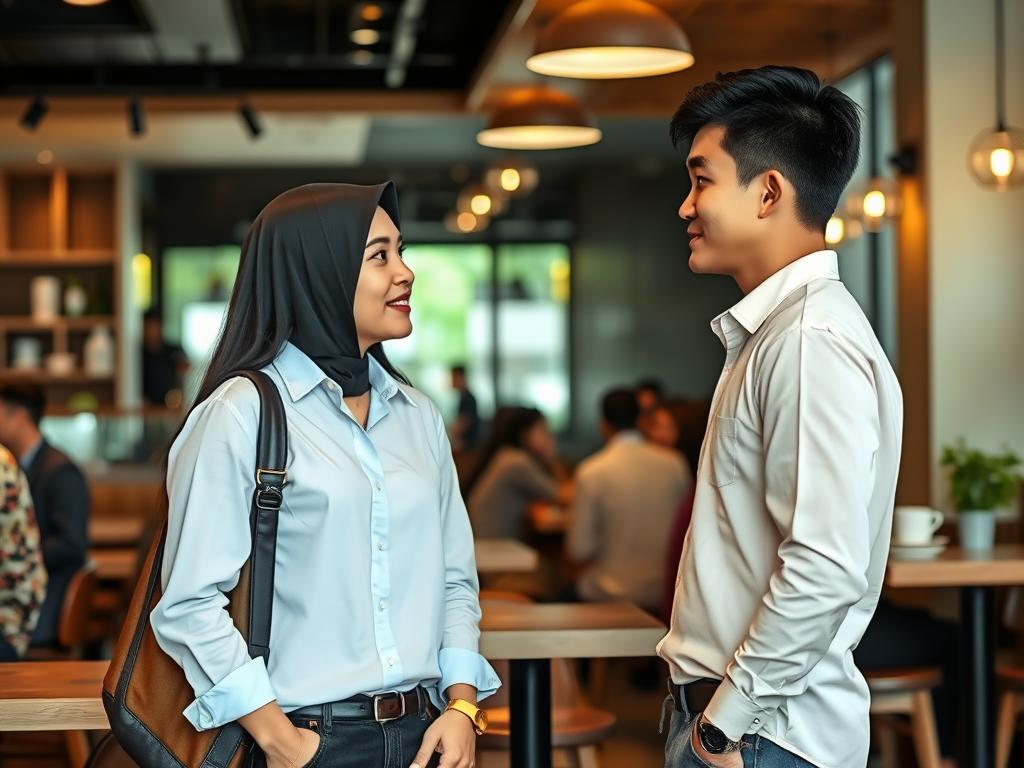 Young travelers meeting in a Jakarta coffee shop, demonstrating modest public interaction typical in Jakarta culture Jakarta travel guide for young backpackers