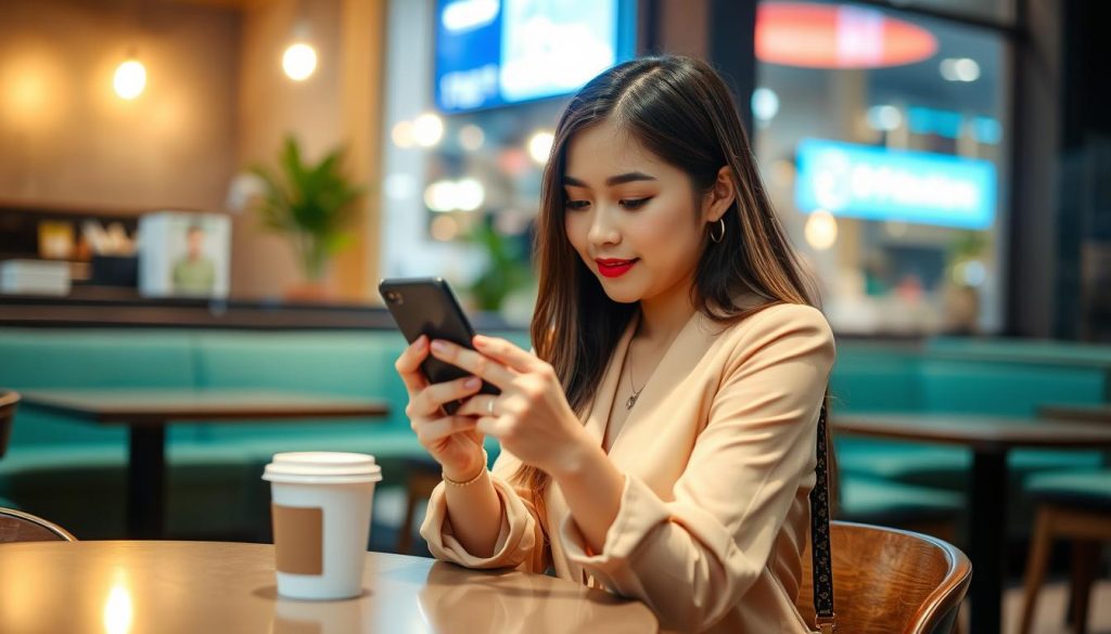 Young traveler using a travel app in a Ho Chi Minh City cafe