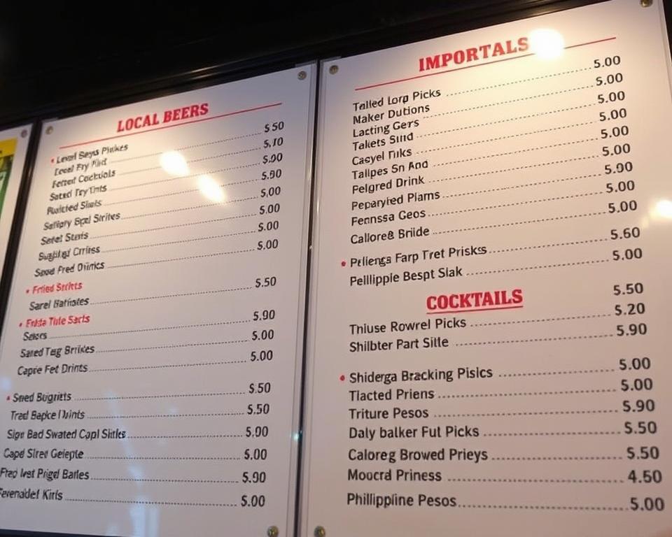 Bar menu in the Philippines showing drink prices in pesos
