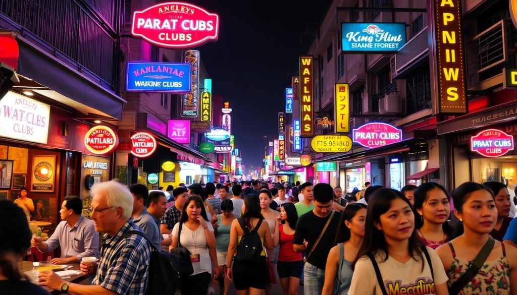Busy night scene on Angeles City Walking Street showing various nightlife venues