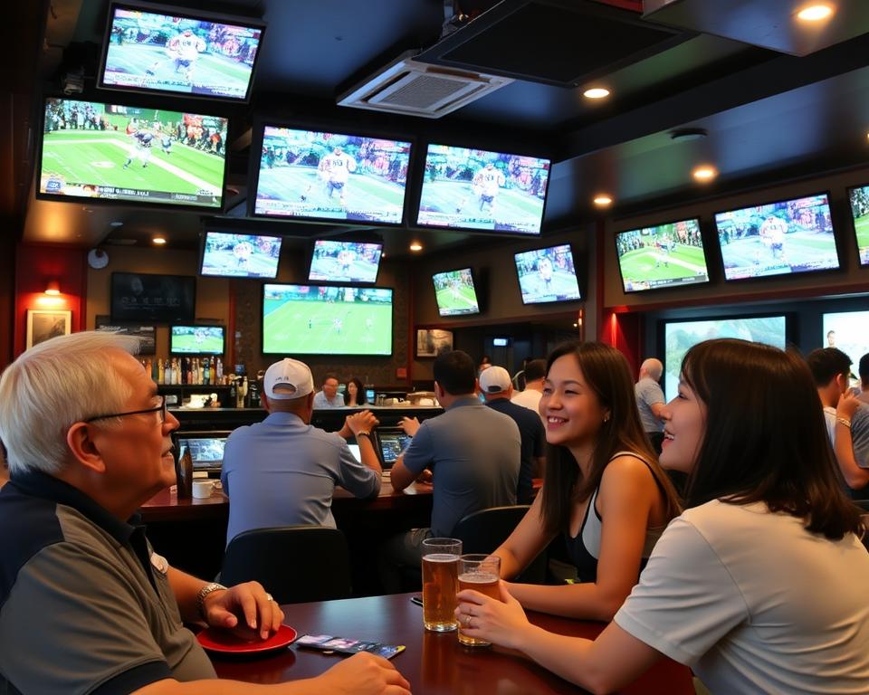 Comfortable sports bar in the Philippines with patrons watching a game and socializing