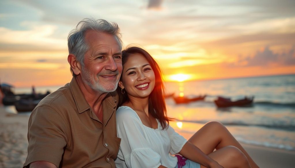 Travelers enjoying sunset on a Thai beach