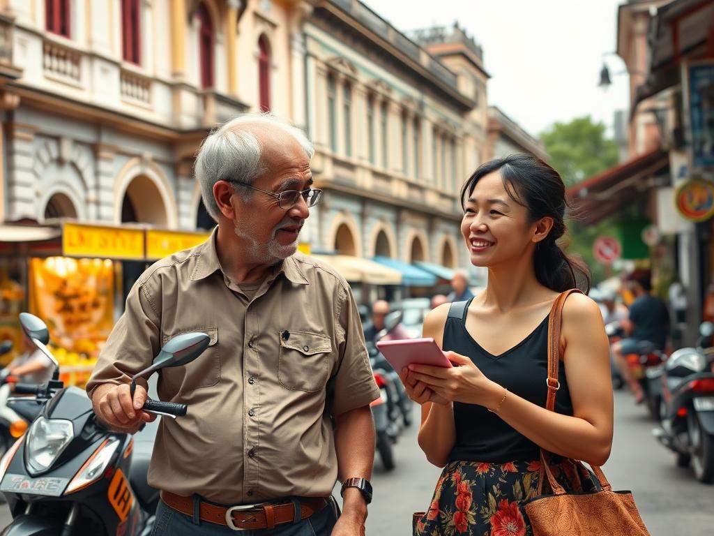 Couple exploring Ho Chi Minh City streets in Vietnam Friends exploring Ho Chi Minh City streets in Vietnam