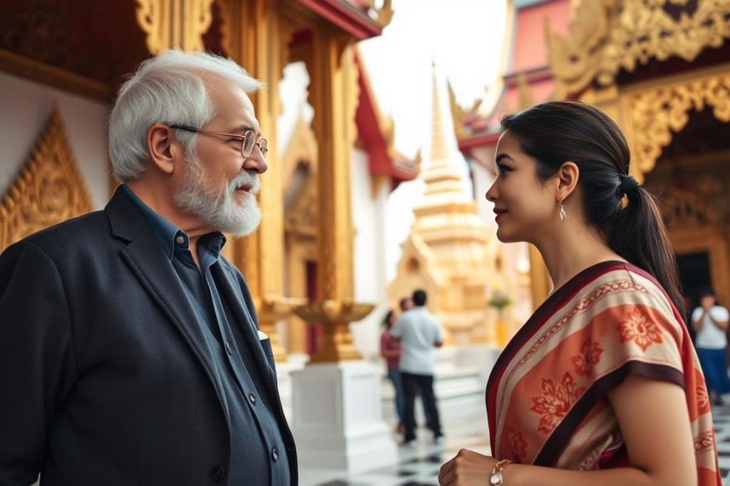 Travelers exploring a Thai temple