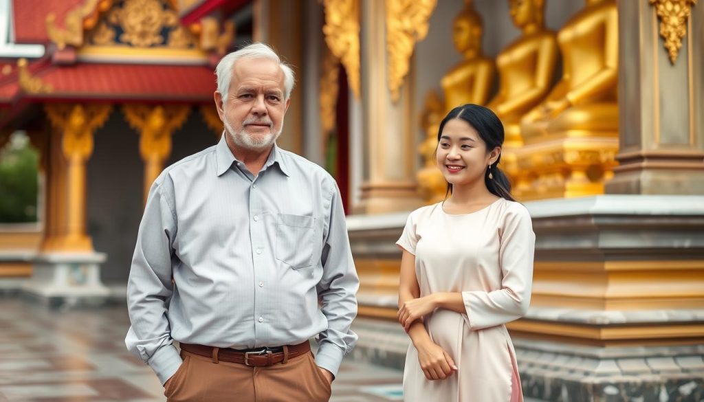 Travelers visiting a Buddhist temple in Thailand with respectful attire