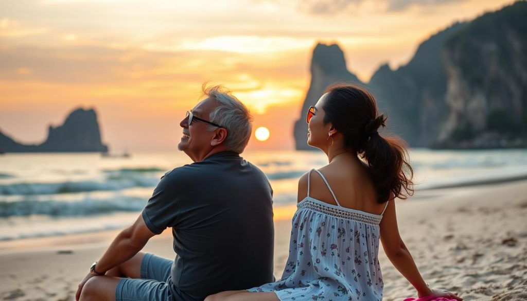 Happy cross-cultural travelers enjoying sunset at a beach in Southeast Asia