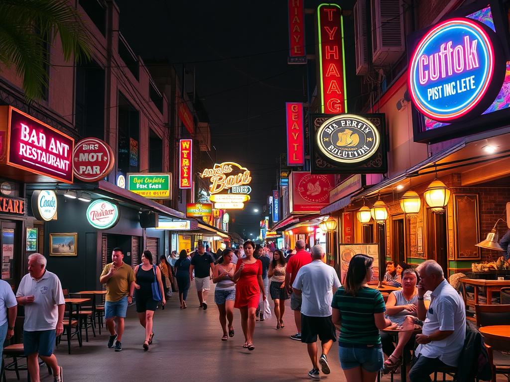 Lively street scene in Angeles City with various bars and restaurants illuminated at night