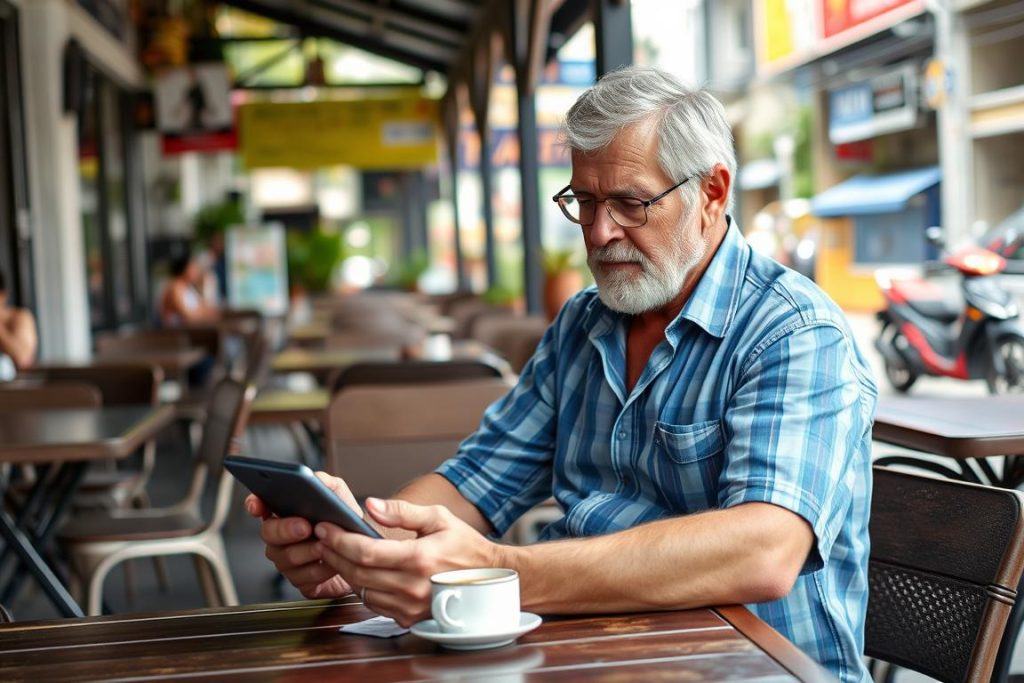 Man checking budget on smartphone while at Southeast Asian cafe Young traveler checking budget on smartphone