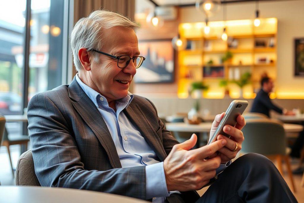 Man using travel apps on smartphone in a Bangkok cafe