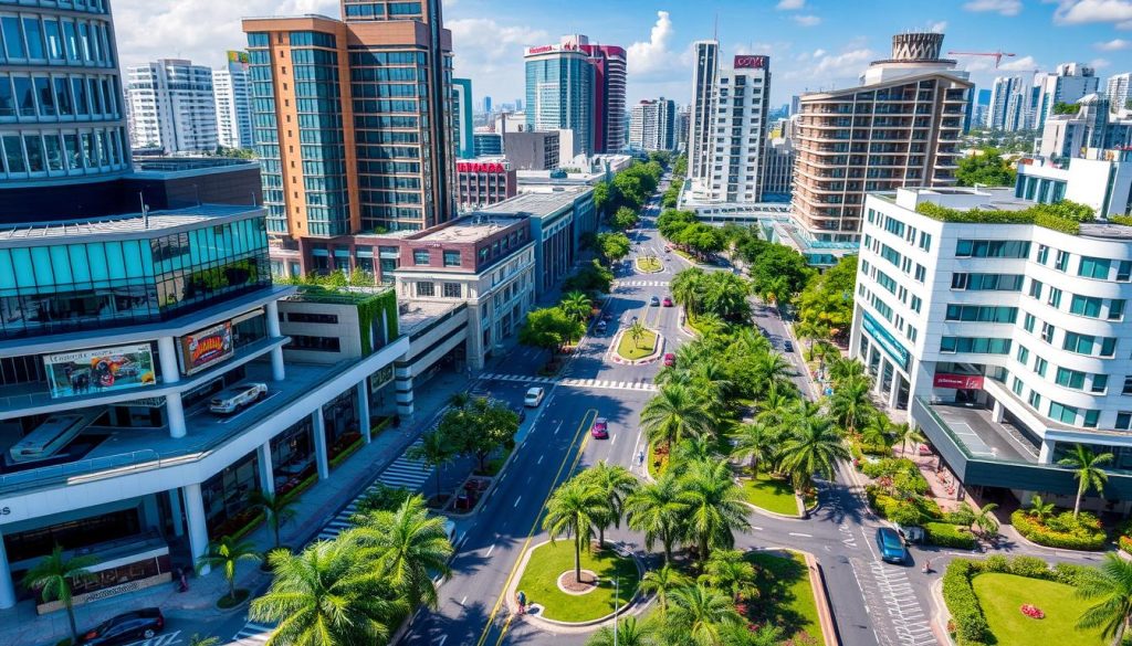 Modern district of Manila with shopping malls and restaurants Modern district of Manila with shopping malls and restaurants