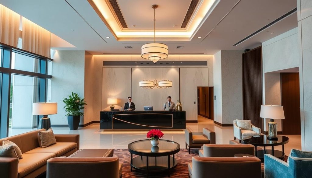 Modern hotel lobby in Bangkok with professional reception desk Modern hotel lobby in Bangkok with professional reception desk
