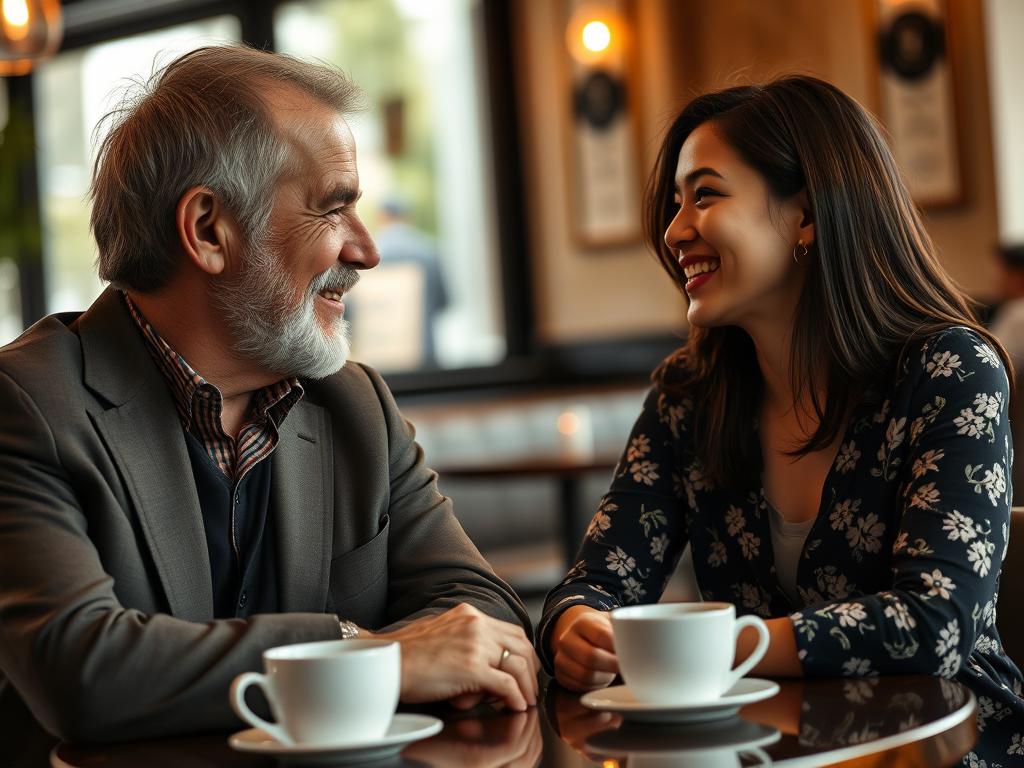 Older Western man and younger Southeast Asian woman engaged in conversation at a cafe Older Western man and younger Southeast Asian woman engaged in conversation at a cafe