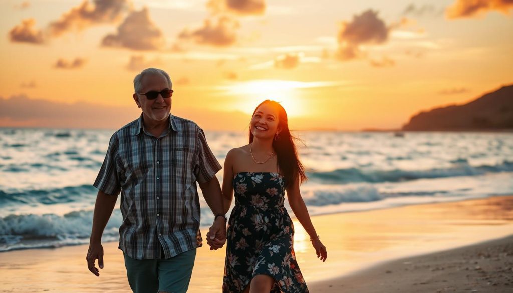 Older Western man and younger Southeast Asian woman enjoying sunset at a beach in Southeast Asia Older Western man and younger Southeast Asian woman enjoying sunset at a beach in Southeast Asia