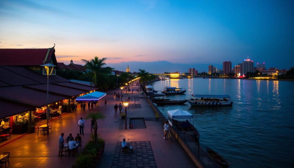 Riverside area of Phnom Penh with cafes and promenades Riverside area of Phnom Penh with cafes and promenades