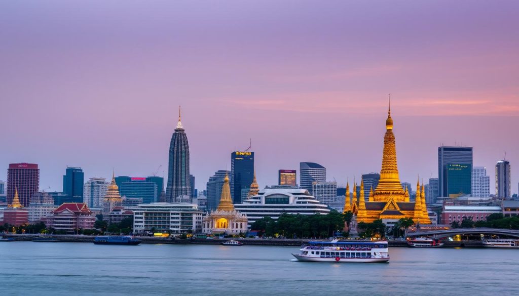 Scenic view of Bangkok skyline with temples and modern buildings Scenic view of Bangkok skyline with temples and modern buildings
