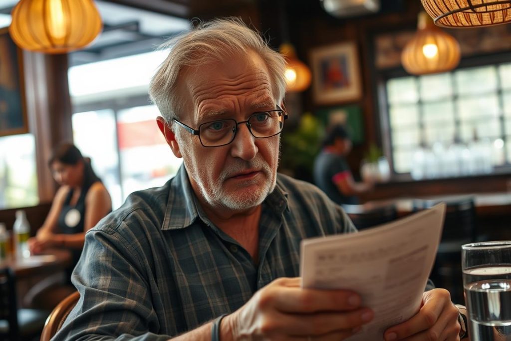 Tourist looking confused at bill in Southeast Asian restaurant Traveler looking at bill